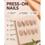 Nude Square Press‑On Nails, Luxury False Nails With Gold Wavy Lines & Rhinestone Flower Charms
